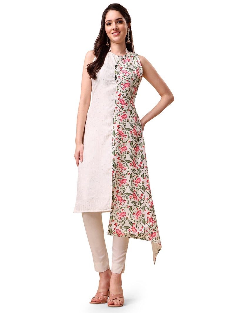 EthnicJunction Silk Blend Women's Digital Floral Print Striped Sequence Work Angarkha Kurta Pant Set With Digital Floral Dupatta (Skd8-Pichwai-Off White_XXL _Off White) - Image 5