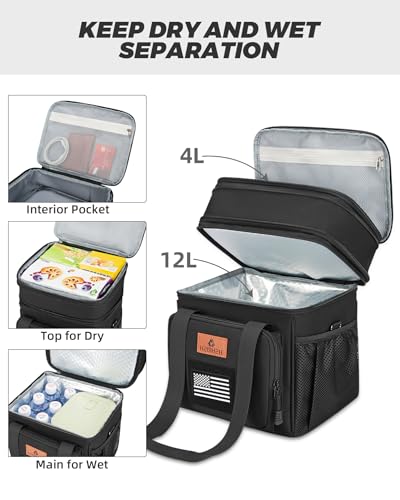 HSHRISH Expandable Lunch Box, Double Deck Large Insulated Lunch Bag for Men, Durable Leakproof Cooler Bag for Men Work Shift Outdoor Trips, 20 Can/15 L, Black - Image 4