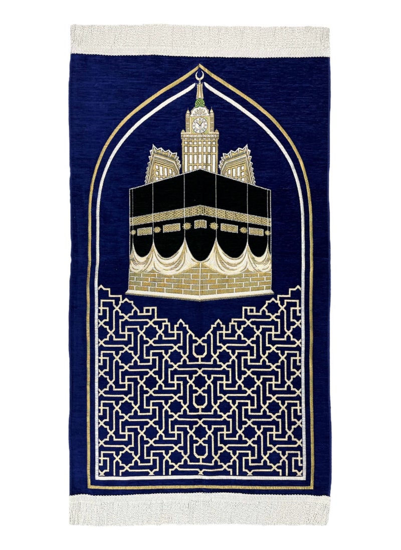 Luxury Chenille Soft Prayer Mat with Motifs Inspired by the Curtain of Holy Kaaba and the Clock Tower Design size 115x70 cm