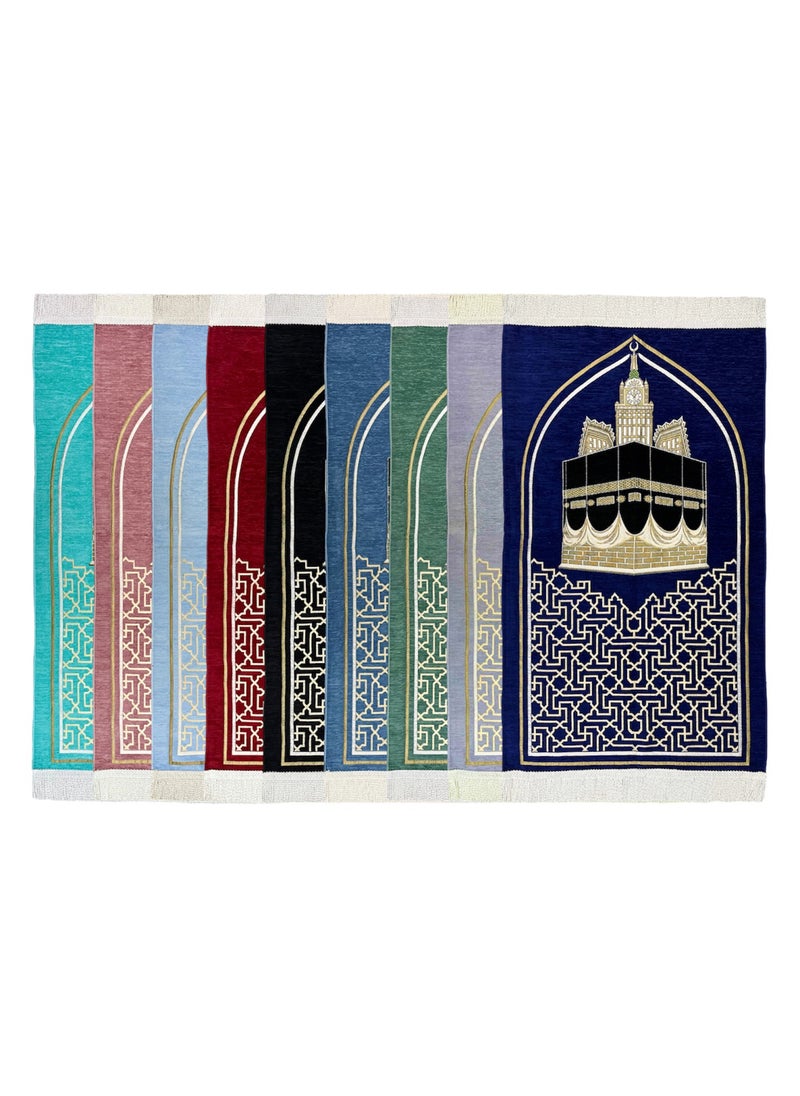 Luxury Chenille Soft Prayer Mat with Motifs Inspired by the Curtain of Holy Kaaba and the Clock Tower Design size 115x70 cm