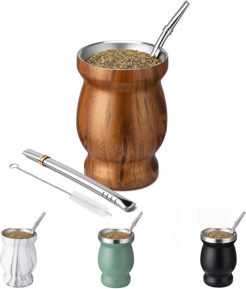 Husfunov 8oz Yerba Mate Cup, 304 Stainless Steel Double-Wall Mate Cup, Heat Insulation Yerba Mate Gourd, Tea Cup Set Includes Cleaning Brush & 2 Bombillas (Wood) - Image 1