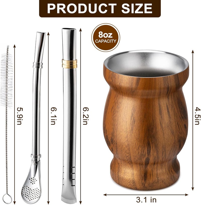 Husfunov 8oz Yerba Mate Cup, 304 Stainless Steel Double-Wall Mate Cup, Heat Insulation Yerba Mate Gourd, Tea Cup Set Includes Cleaning Brush & 2 Bombillas (Wood) - Image 2