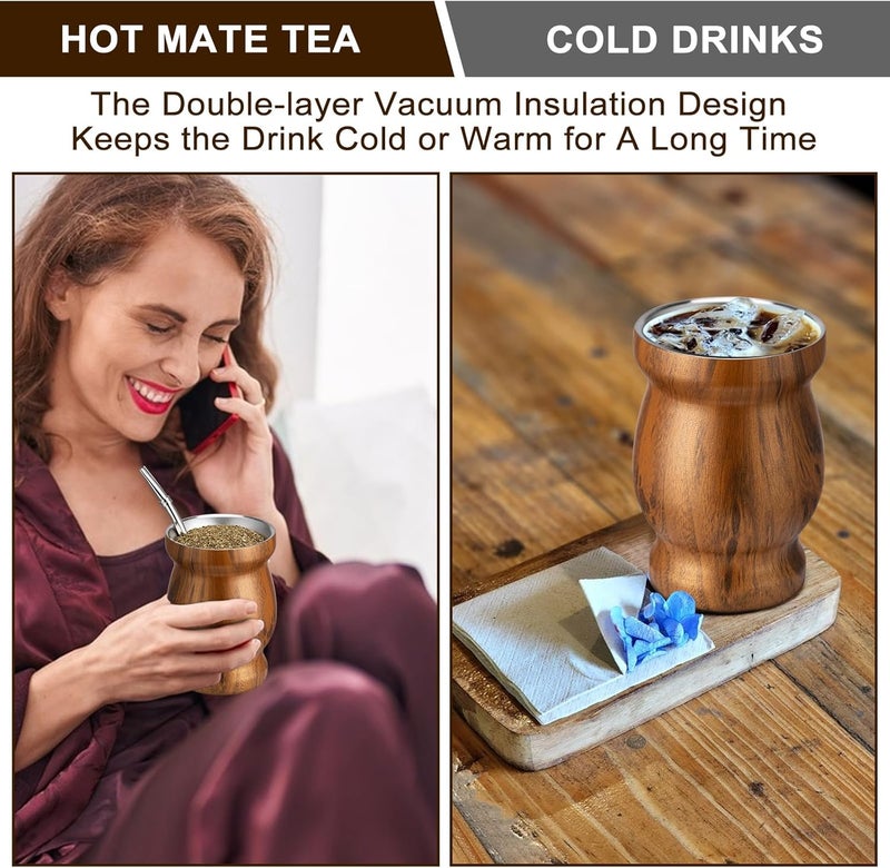 Husfunov 8oz Yerba Mate Cup, 304 Stainless Steel Double-Wall Mate Cup, Heat Insulation Yerba Mate Gourd, Tea Cup Set Includes Cleaning Brush & 2 Bombillas (Wood) - Image 4