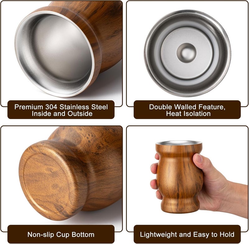 Husfunov 8oz Yerba Mate Cup, 304 Stainless Steel Double-Wall Mate Cup, Heat Insulation Yerba Mate Gourd, Tea Cup Set Includes Cleaning Brush & 2 Bombillas (Wood) - Image 3