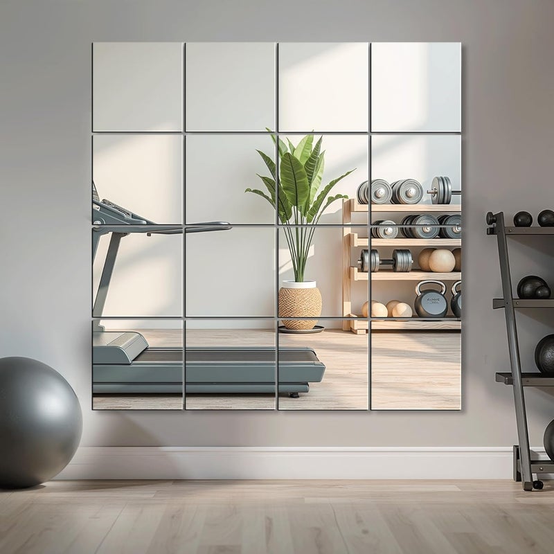 Delma Home Gym Mirrors, 12'' x 12'' Glass Mirror Tiles (16 PCS), Square Large Wall Mirror for Home Gym, Bedroom, Door, Bathroom, Frameless Mirror Sets - Image 2