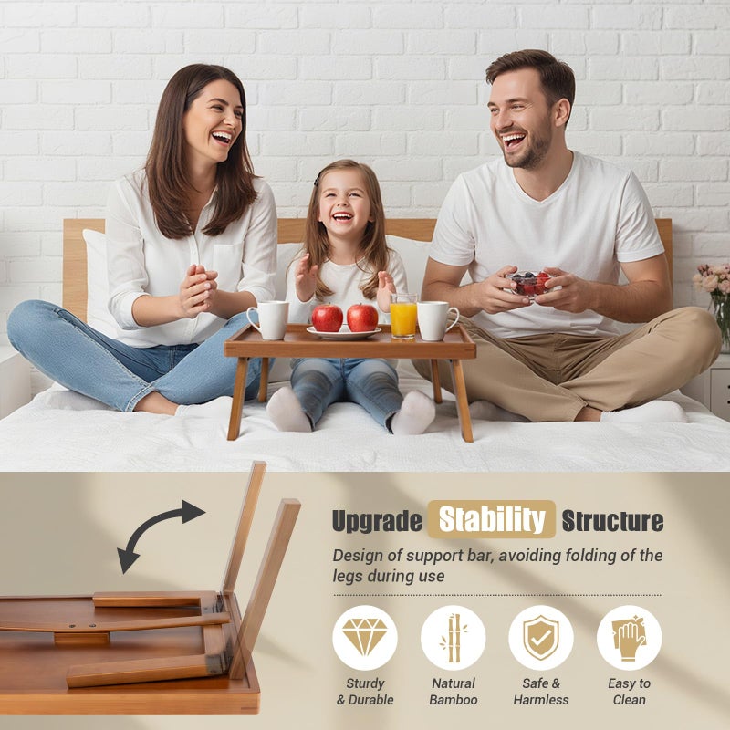 Bmboryxa Bamboo Bed Table Tray with Support Bar and Foldable Legs, Breakfast Food Trays Table for Bed Sofa Eating and Laptops, TV Lap Tray Table on Couch (Applied for Invention Patent) - Image 2