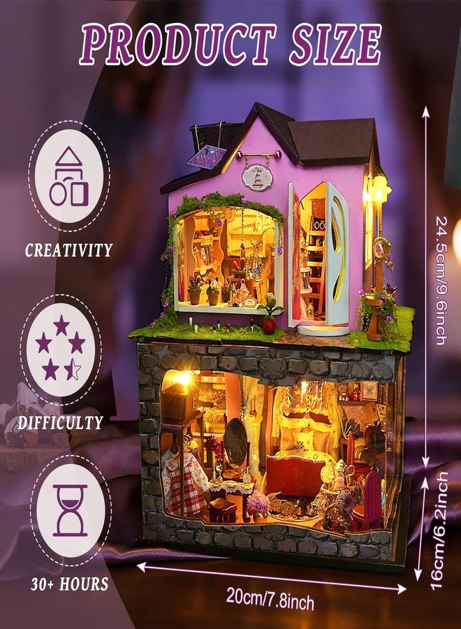 Foyucool Miniature House Kit, DIY Dollhouse Kits with Lights and Dust Cover, The for Family & Friends, Creative Craft Kit with Two-Story Witch's Magic Shop - Image 2