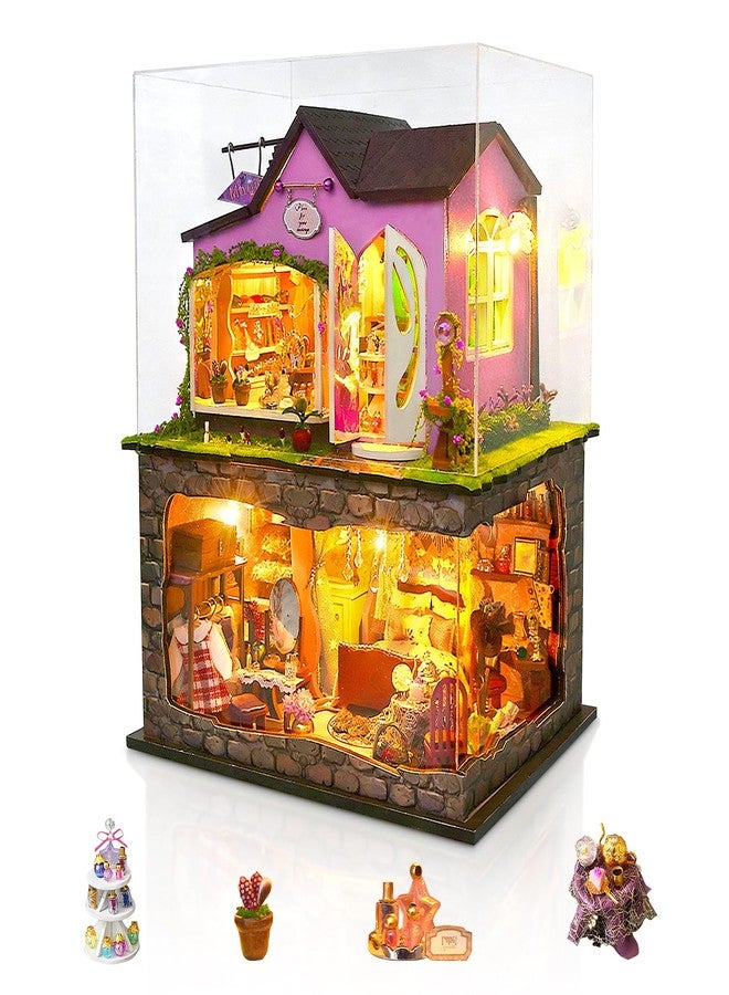 Foyucool Miniature House Kit, DIY Dollhouse Kits with Lights and Dust Cover, The for Family & Friends, Creative Craft Kit with Two-Story Witch's Magic Shop - Image 1