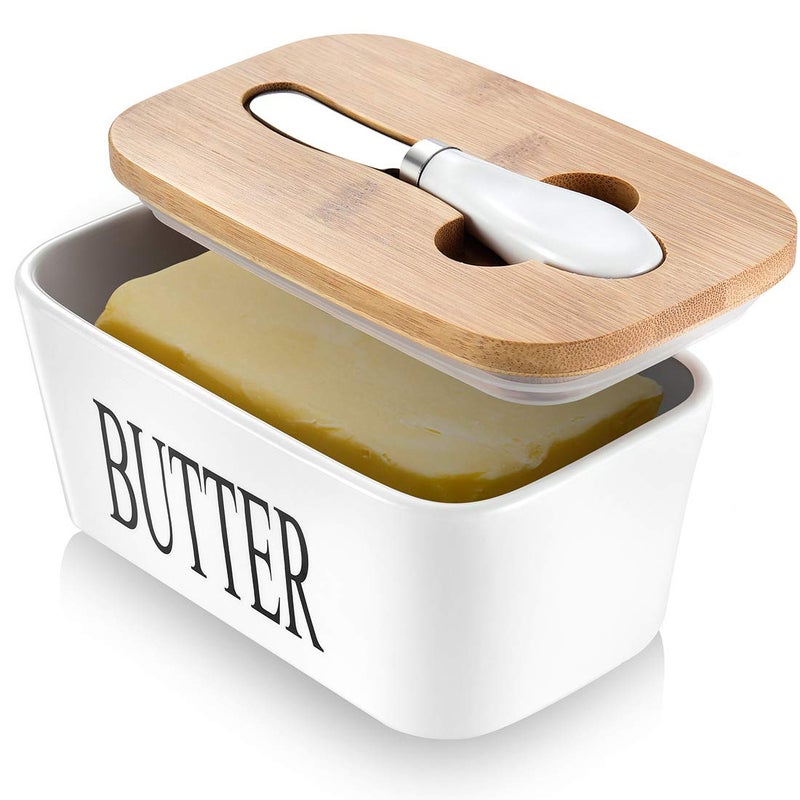 Butter Dish with Lid Home Decor Large Butter Dish for Countertop Ceramic Butter Keeper Container with Knife and HighQuality Silicone Sealing Butter Dish Good Kitchen Gift White