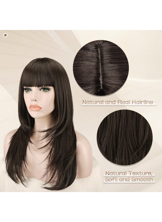 SOFEIYAN SOFEIYAN Long Brown Wigs for Women Layered Synthetic Hair Wig With Bangs Natural Wave Wig Synthetic Heat Resistant Full Wigs for Halloween Daily Party, Brown  - Image 5