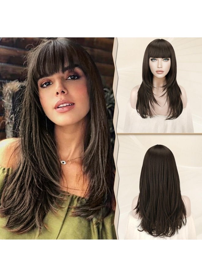 SOFEIYAN SOFEIYAN Long Brown Wigs for Women Layered Synthetic Hair Wig With Bangs Natural Wave Wig Synthetic Heat Resistant Full Wigs for Halloween Daily Party, Brown  - Image 1