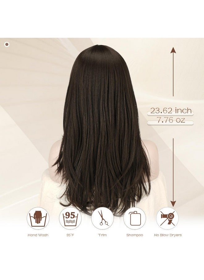 SOFEIYAN SOFEIYAN Long Brown Wigs for Women Layered Synthetic Hair Wig With Bangs Natural Wave Wig Synthetic Heat Resistant Full Wigs for Halloween Daily Party, Brown  - Image 3