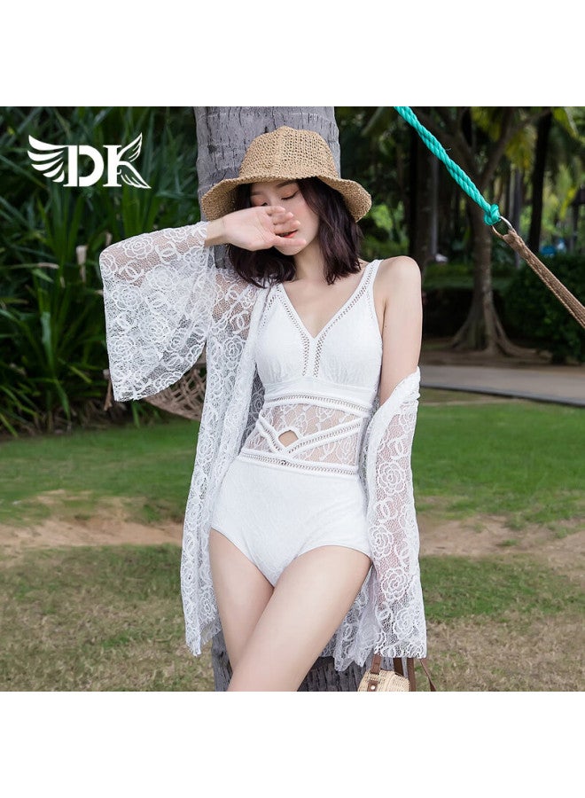 Dk Swimsuit For Women Small Chest, One-piece, Conservative, Tummy-covering, Slimming, Korean Style, Hot Spring Cover-up, Swimwear, White, L - Image 1