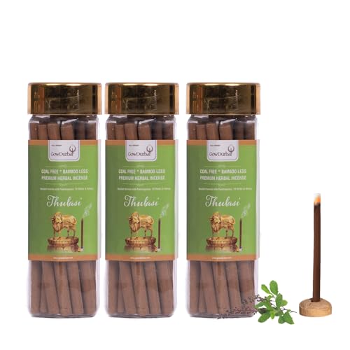 GOW DURBAR GowDurbar Bamboo-Less Thulasi Rejuvenating Agarbatti 65g (Pack of 3) | Organic Incense Sticks with Panchagavya & Herbs | Eco-Friendly | for Pooja, Yoga & Meditation - Image 1
