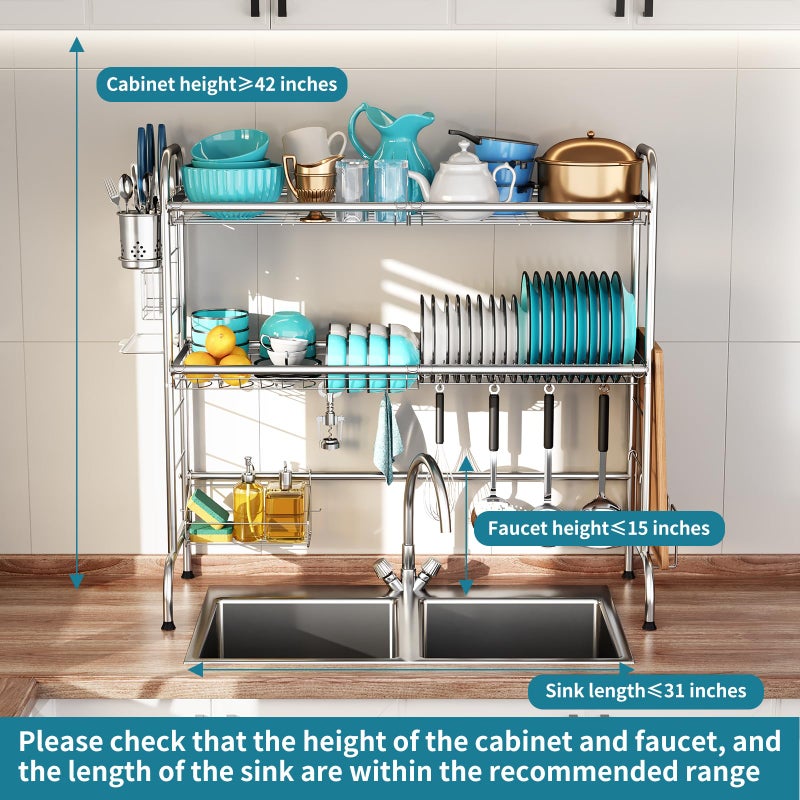 HOWDIA Stainless Steel 2-Tier Over The Sink Dish Drying Rack with Utensil Holder, Large, for Kitchen Counter - Image 3