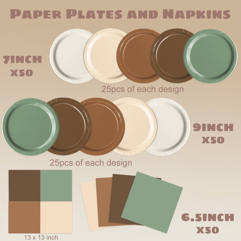 Oigco 150 PCS Woodland Baby Shower Decorations - Sage Green Neutral Forest Animal Brown Plates and Napkins for Safari Jungle Baby Shower Decorations, Serves 50 - Image 2