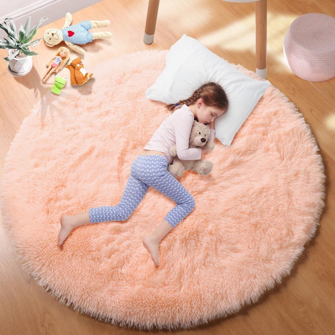 PINK ROUND RUGS 5FT CIRCLE RUGS FOR GIRLS BEDROOM FLUFFY CARPETS FOR GIRLS ROOM SHAGGY RUG INDOOR SMALL TEEPEE FURRY MAT COMFY READING PLAYMAT CIRCULAR RUGS FOR KIDS BABY NURSERY ROOM