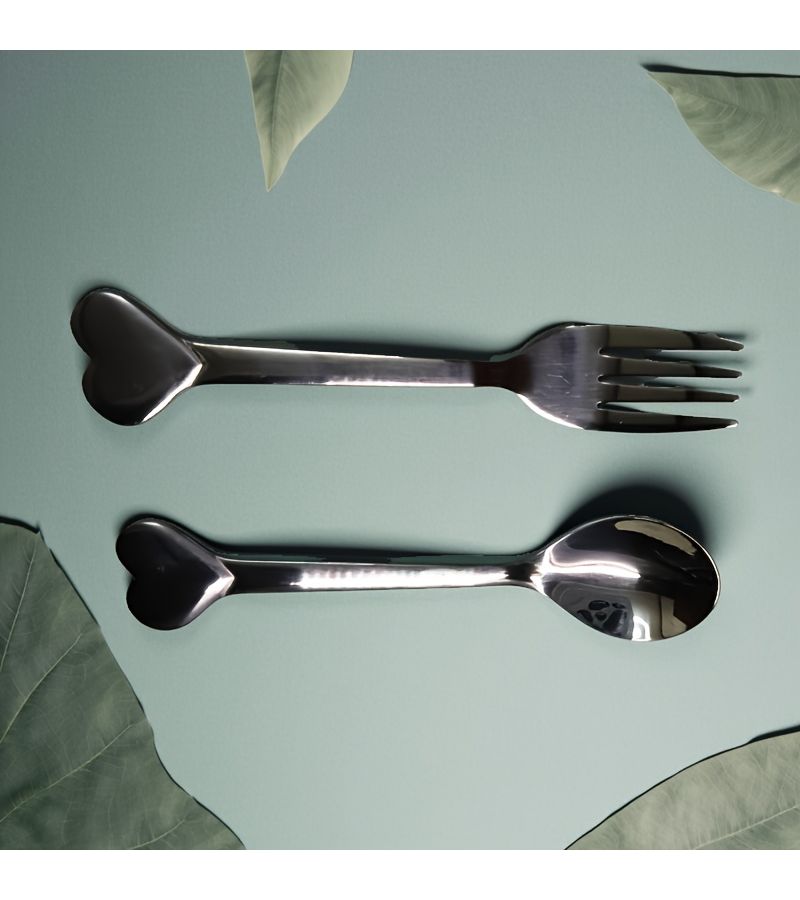 2 Piece Stainless Steel Cutlery Set Heart Shaped Dessert Spoon Fruit Fork - Image 1