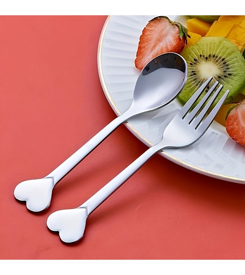 2 Piece Stainless Steel Cutlery Set Heart Shaped Dessert Spoon Fruit Fork - Image 5