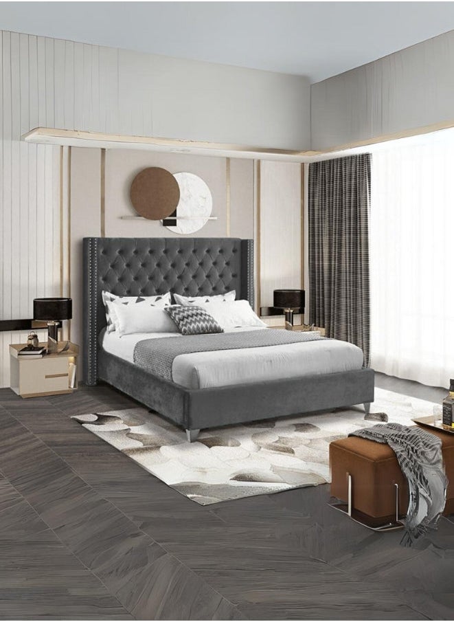 Bed and Mattress Zone Fabric Tufted Upholstered Bed 200x150 Queen Size Grey Color 