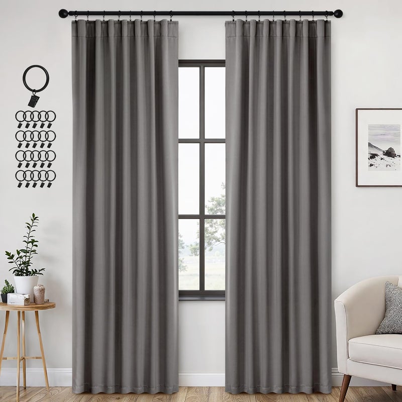 ANRODUO Rod Pocket and Back Tab Pleated Blackout Curtains with Hooks, Rings, Grey Curtains 84 Inches Long 2 Panels, Thermal Insulated Room Darkening Living Room Bedroom Curtain, 42x84 Inches - Image 1