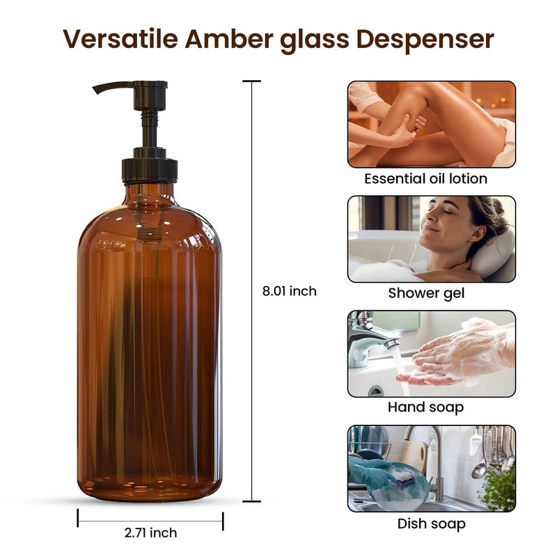 Sunrise Premium, 16 OZ Thick Amber Glass Soap Dispenser with Pump 2 Pack, Hand and Dish Soap Dispenser Set for Bathroom with 6 Waterproof Labels - Image 3