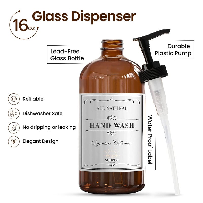 Sunrise Premium, 16 OZ Thick Amber Glass Soap Dispenser with Pump 2 Pack, Hand and Dish Soap Dispenser Set for Bathroom with 6 Waterproof Labels - Image 2