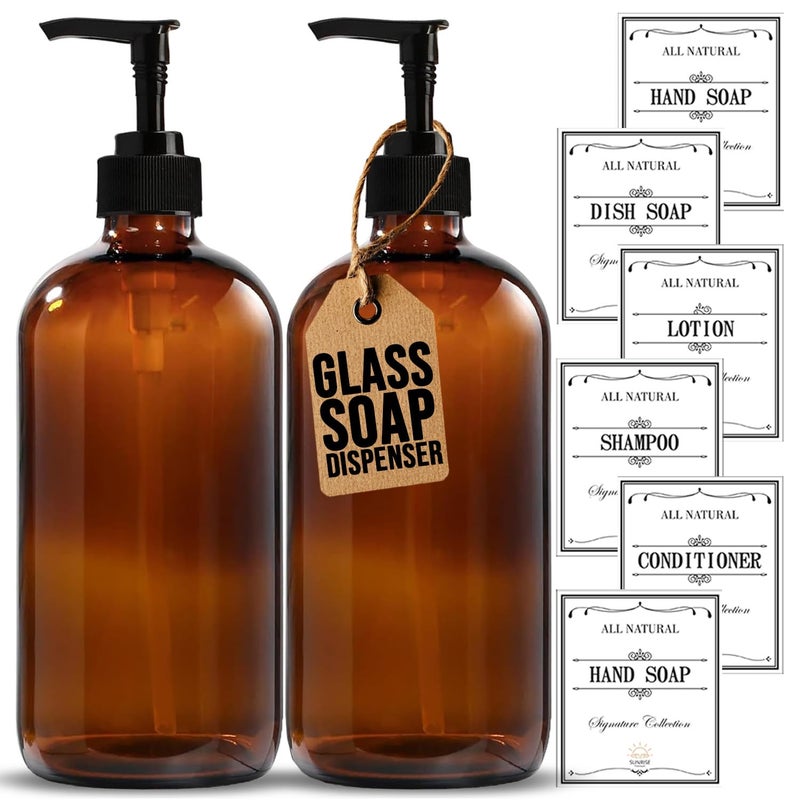 Sunrise Premium, 16 OZ Thick Amber Glass Soap Dispenser with Pump 2 Pack, Hand and Dish Soap Dispenser Set for Bathroom with 6 Waterproof Labels - Image 1