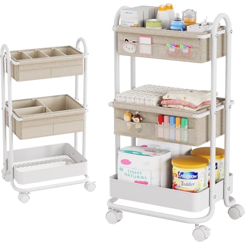 Modanais Baby Diaper Caddy Organizer Cart - 3 Tier Rolling Storage Cart with Wheels, Baby Essentials Nursery Storage, Detachable Dividers - for Crib, Bedroom, Art & Craft Organizer (Off White) - Image 1