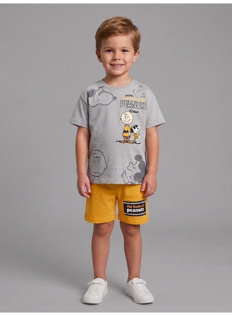 Zara Boys 100% Cotton Peanuts Graphic Tee & Drawstring Shorts 2-Piece Outfit Set - Image 1