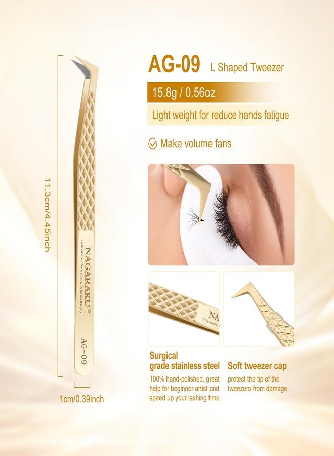 NAGARAKU Precision Fiber Tip Tweezer for Eyelash Extensions Diamond Grip Anti-Static Anti-Slip Premium Stainless Steel Pointed Volume Eyelashes Boot Tweezers Supplies with Box(L Typ Tweezers AG-09) - Image 2