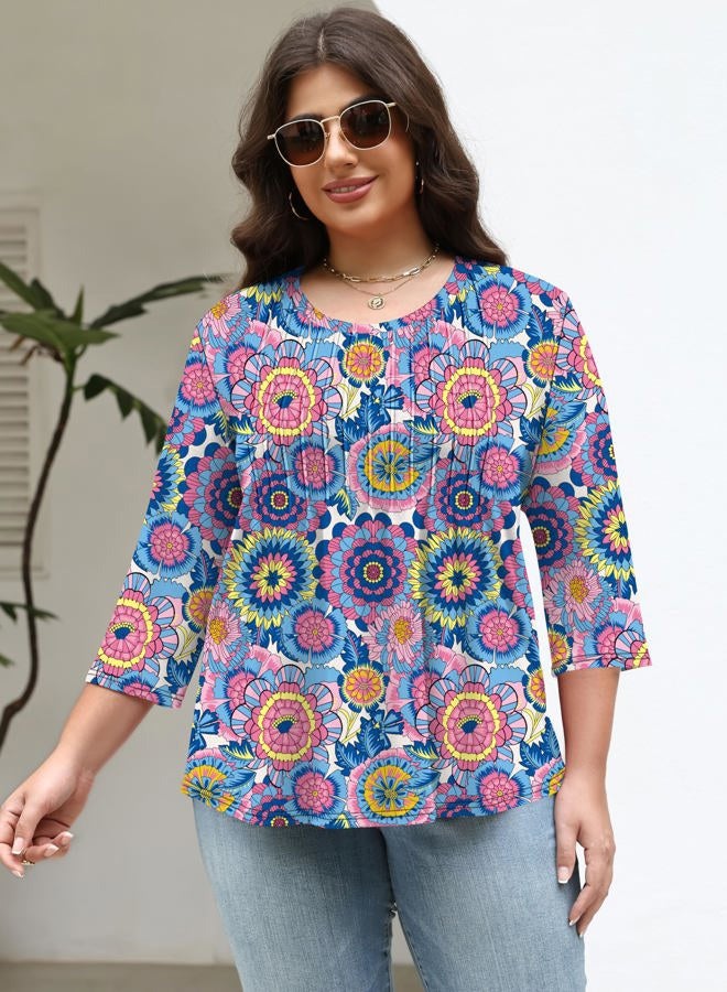 TFSDOD Womens Plus Size Tops 3/4 Length Sleeve Womens Tops Crewneck Pleated Boho Tunic Casual Shirts XL-5X, Colorful Round Floral, 3XL - Image 2