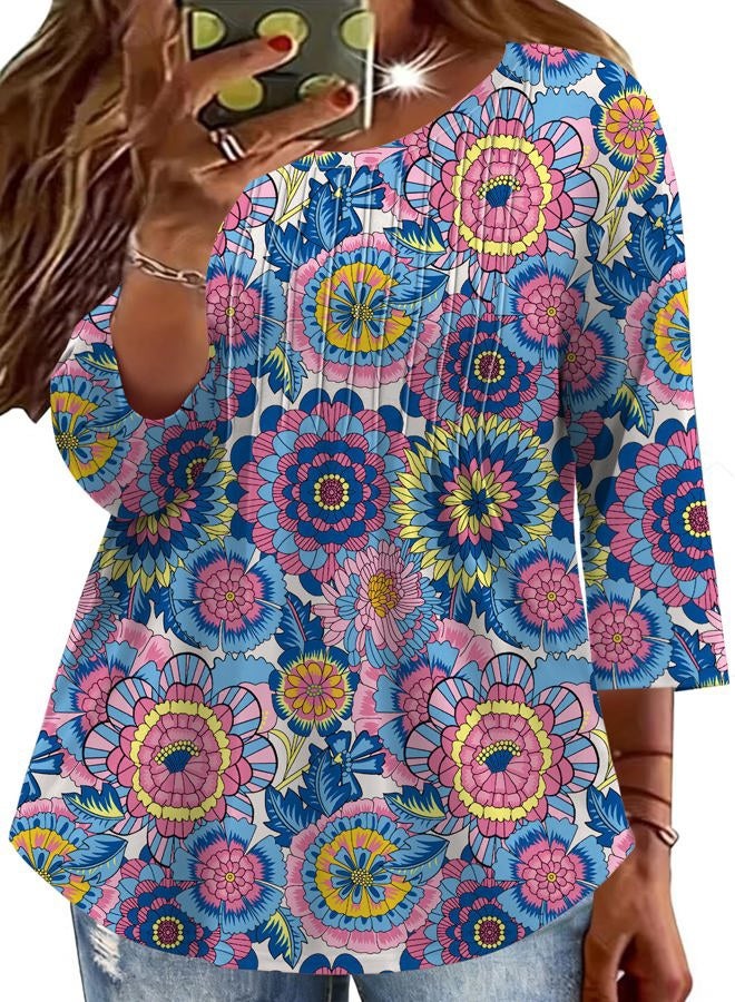 TFSDOD Womens Plus Size Tops 3/4 Length Sleeve Womens Tops Crewneck Pleated Boho Tunic Casual Shirts XL-5X, Colorful Round Floral, 3XL - Image 1