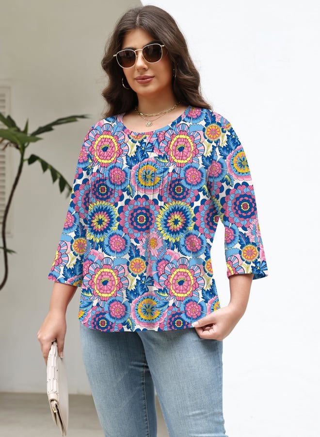 TFSDOD Womens Plus Size Tops 3/4 Length Sleeve Womens Tops Crewneck Pleated Boho Tunic Casual Shirts XL-5X, Colorful Round Floral, 3XL - Image 3