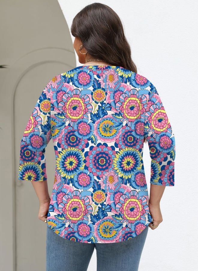 TFSDOD Womens Plus Size Tops 3/4 Length Sleeve Womens Tops Crewneck Pleated Boho Tunic Casual Shirts XL-5X, Colorful Round Floral, 3XL - Image 5