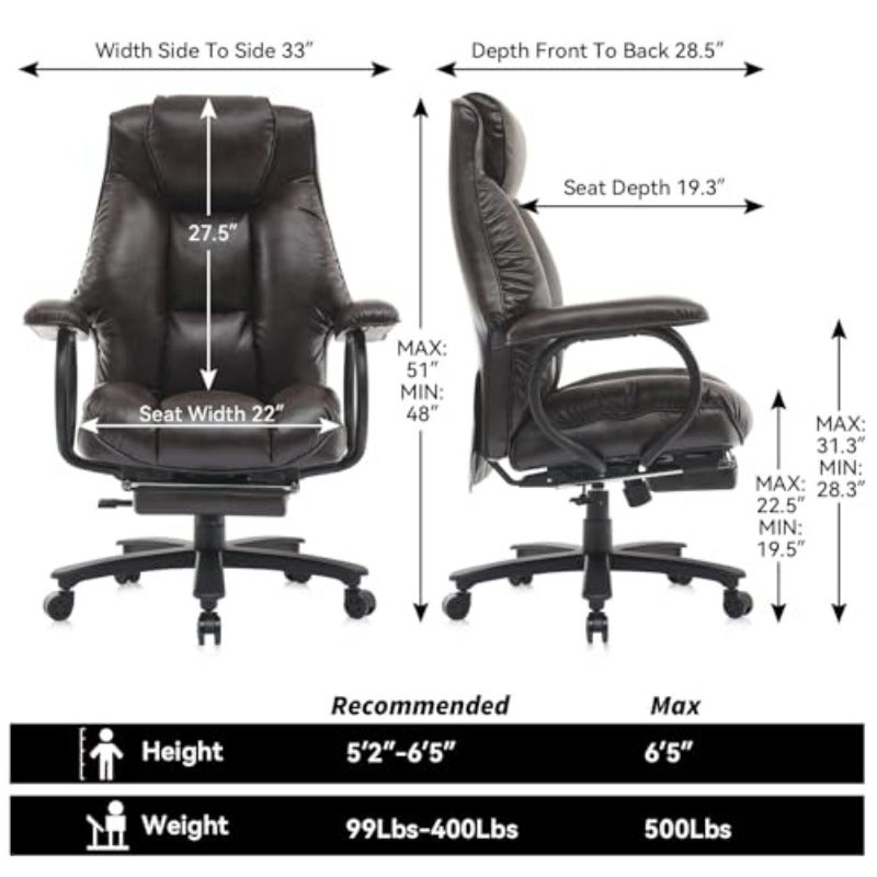 Ergonomic big and tall office chair designed for heavy-duty support up to 500lbs featuring back pain relief adjustable footrest and comfortable cushioning; ideal for long hours at the desk home offices and executive workspaces. - Image 2