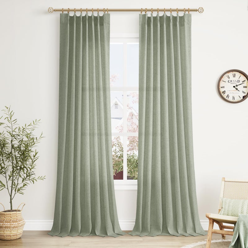 Aersas Pleated Linen Green Curtains 96 Inches Long for Living Room 2 Panel Set Semi Sheer Light Filtering Sage Pinch Pleat with Hooks Back Tab Drapes Farmhouse Boho Spring 96 Inch Curtain for Bedroom Window - Image 1