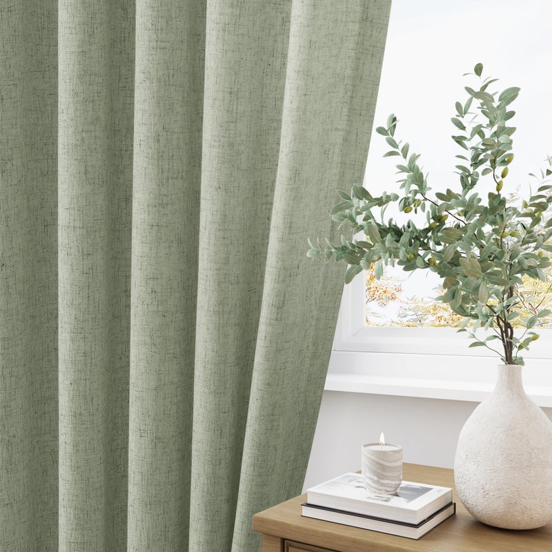 Aersas Pleated Linen Green Curtains 96 Inches Long for Living Room 2 Panel Set Semi Sheer Light Filtering Sage Pinch Pleat with Hooks Back Tab Drapes Farmhouse Boho Spring 96 Inch Curtain for Bedroom Window - Image 3