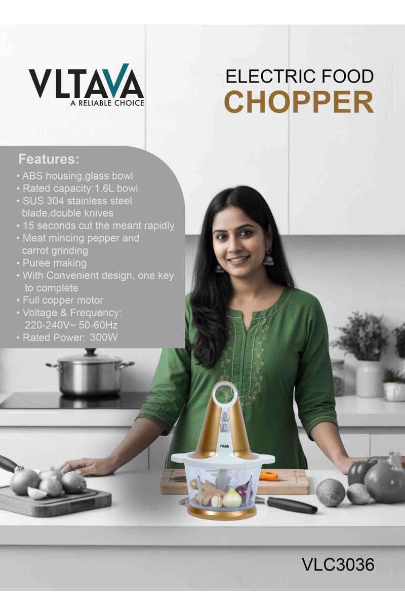 VLTAVA Electric Food Chopper 300W – 1.6L Glass Bowl | SUS 304 Stainless Steel Double Blades | Full Copper Motor | One-Touch Operation | Quiet Chopping Machine for Meat, Vegetables & Purees – VLC3036 - Image 5