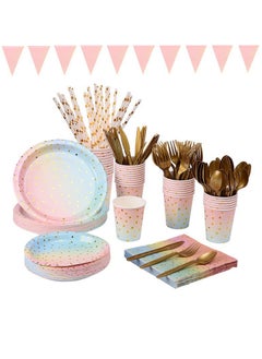 Generic 200Pcs Disposable Cutlery Disposable Paper Tableware Set for 25 Guests Dinnerware Plates Forks Knives Spoons Cups Napkins Straws for Wedding, Baby Shower, Birthday Party Supplies  - Image 1