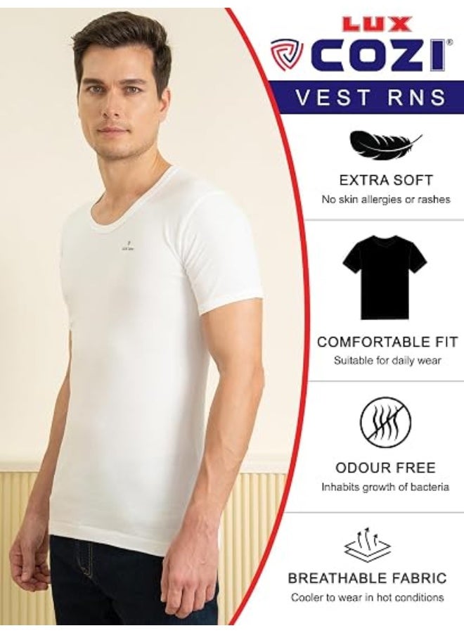 Lux Cozi Men's RNS Round Neck Half Sleeve Vest, Soft Breathable Cotton Innerwear, Regular Fit, Size 95 CM Pack of 5 - Image 3