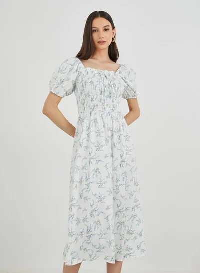 Take Two Floral Print Puff Sleeve Smocked Midi Dress