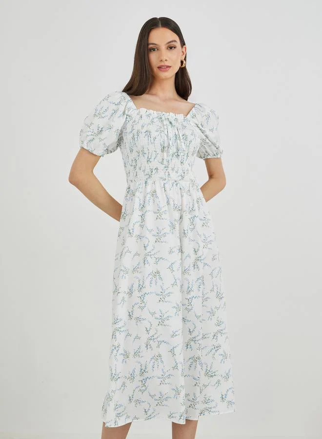 Styli Floral Print Puff Sleeve Smocked Midi Dress