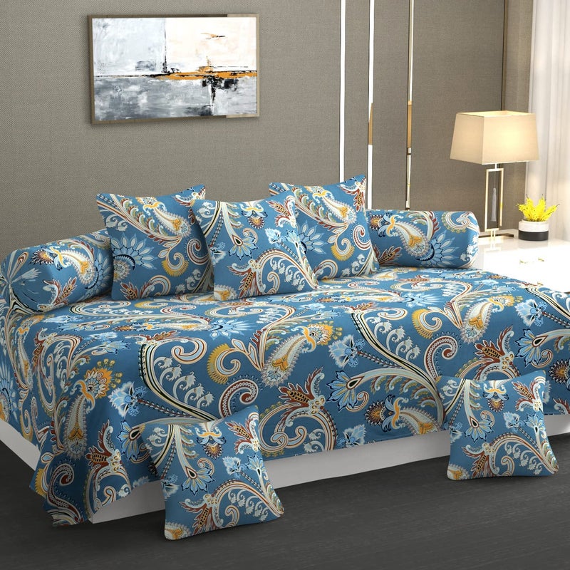 Complete 8 Piece Cotton Diwan Set with Cushion and Bolster Covers 