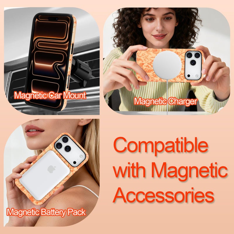 SOKAD Magnetic Sage Floral Phone Case for iPhone 17 Pro Max, Vintage Orange Flower Pattern Compatible with Magsafe Matte Protective Case Cover with Screen Protector for Girls Women - Image 4