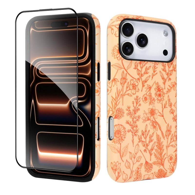 SOKAD Magnetic Sage Floral Phone Case for iPhone 17 Pro Max, Vintage Orange Flower Pattern Compatible with Magsafe Matte Protective Case Cover with Screen Protector for Girls Women - Image 2