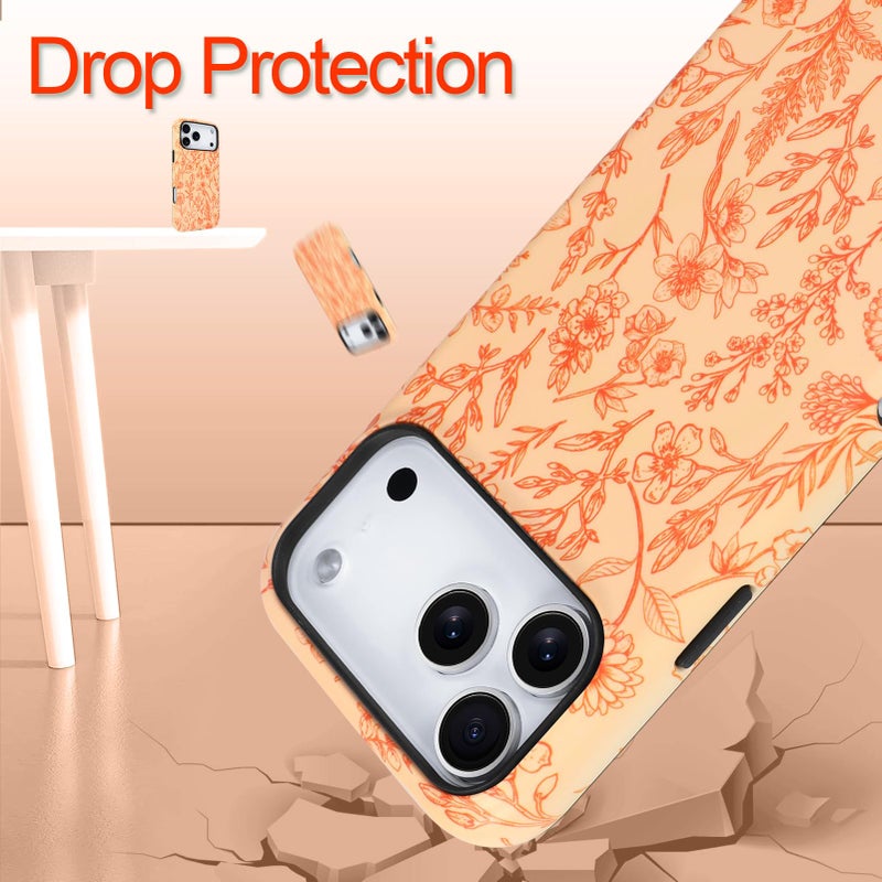 SOKAD Magnetic Sage Floral Phone Case for iPhone 17 Pro Max, Vintage Orange Flower Pattern Compatible with Magsafe Matte Protective Case Cover with Screen Protector for Girls Women - Image 5
