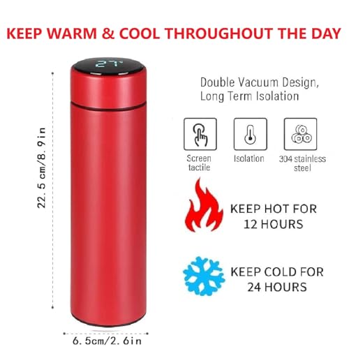 IKTU 500ml Hot & Cold Smart LED Temperature Display Water Bottle, Double Wall Vacuum Insulated Flask, Food Grade SUS304 Stainless Steel Bottle (Red) - Image 2