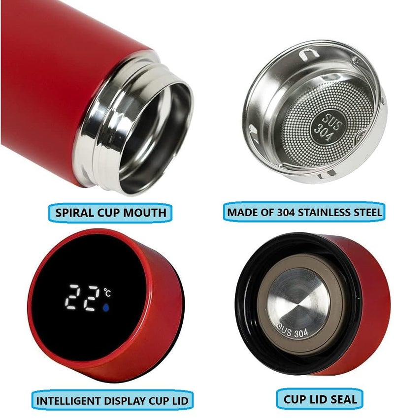 IKTU 500ml Hot & Cold Smart LED Temperature Display Water Bottle, Double Wall Vacuum Insulated Flask, Food Grade SUS304 Stainless Steel Bottle (Red) - Image 3