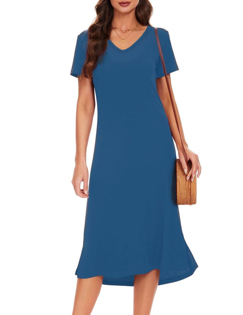 VOBCTY V Neck Stretchy Dress for Women Summer Short Sleeve Solid Dresses Beja Blue Large - Image 1